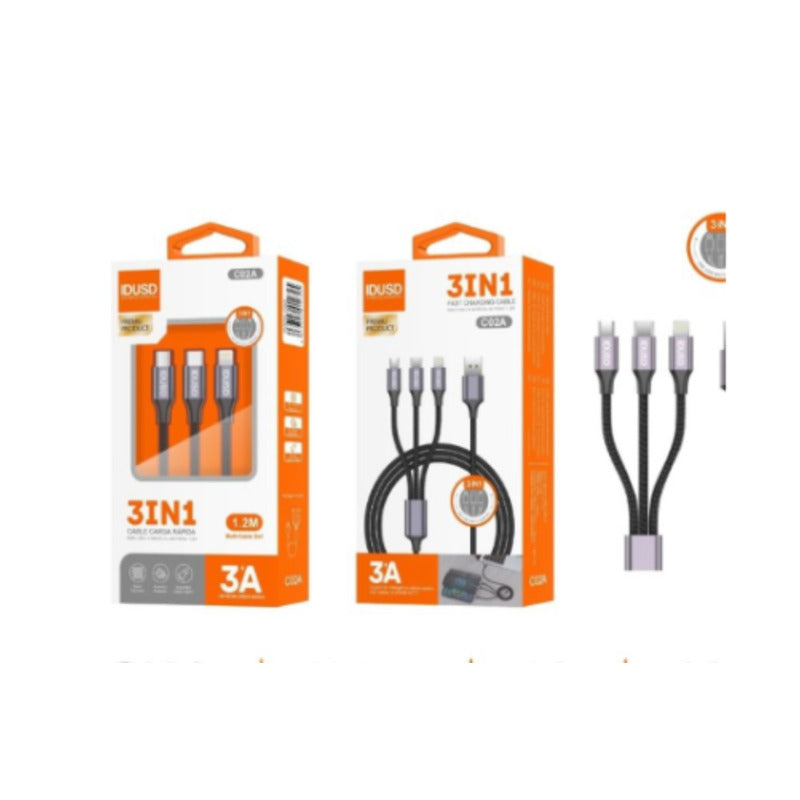 Cable de carga 3 en 1 USB-A de nailon 3A de 1,2 m negro – C02A