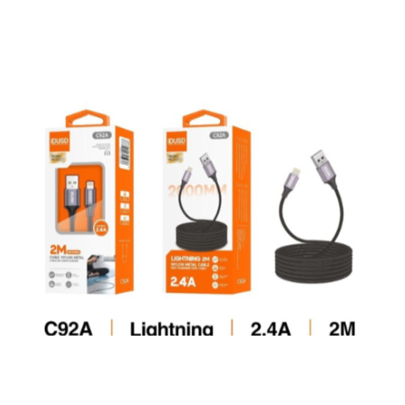 Cable USB-A a Lightning de nailon 2,4A de 2 m negro – C92A