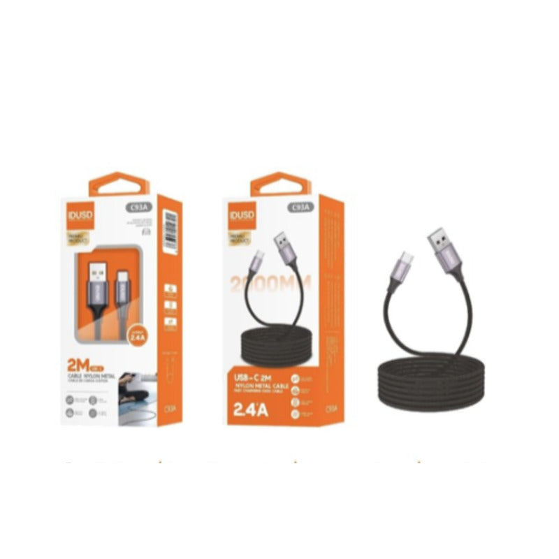 Cable USB-A a USB-C de nailon 2,4A de 2 m negro – C93A