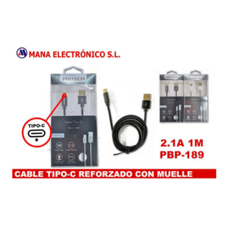 Cable USB-A a USB-C reforzado con muelle 2,1A de 3 m – PBP-189