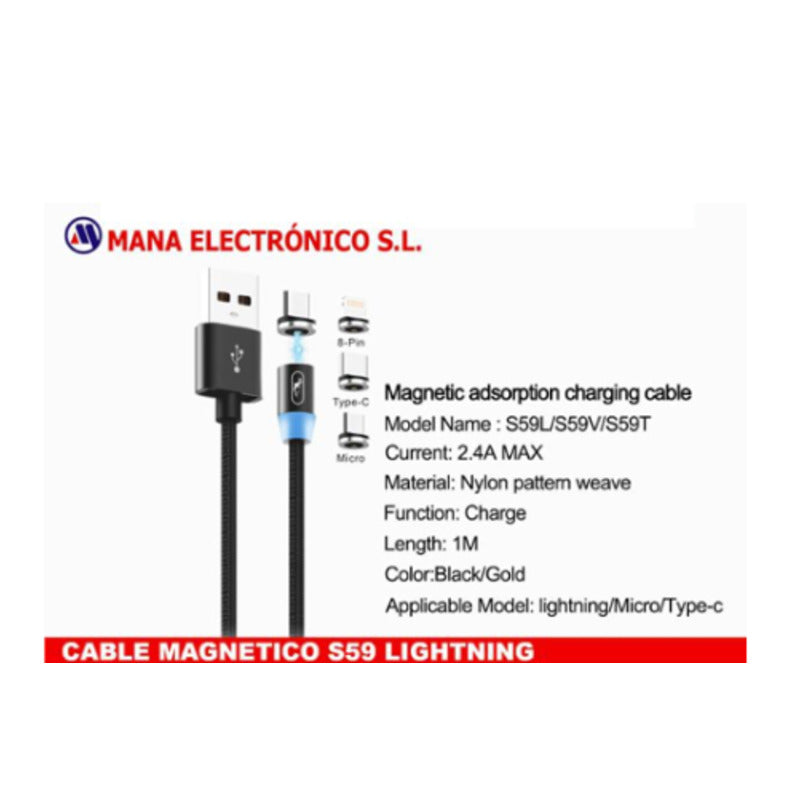 Cable magnético USB-A a Lightning 2,4A de 1 m negro – S59