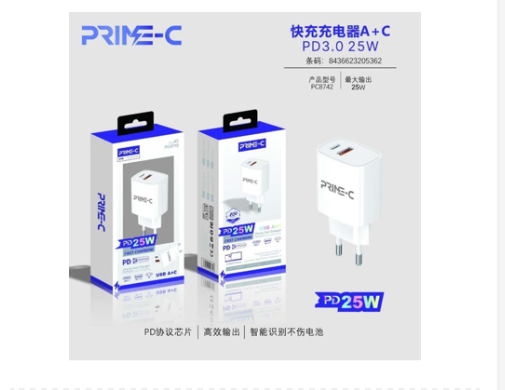 Cargador Prime-C PC8742 USB + USB-C PD 25 W